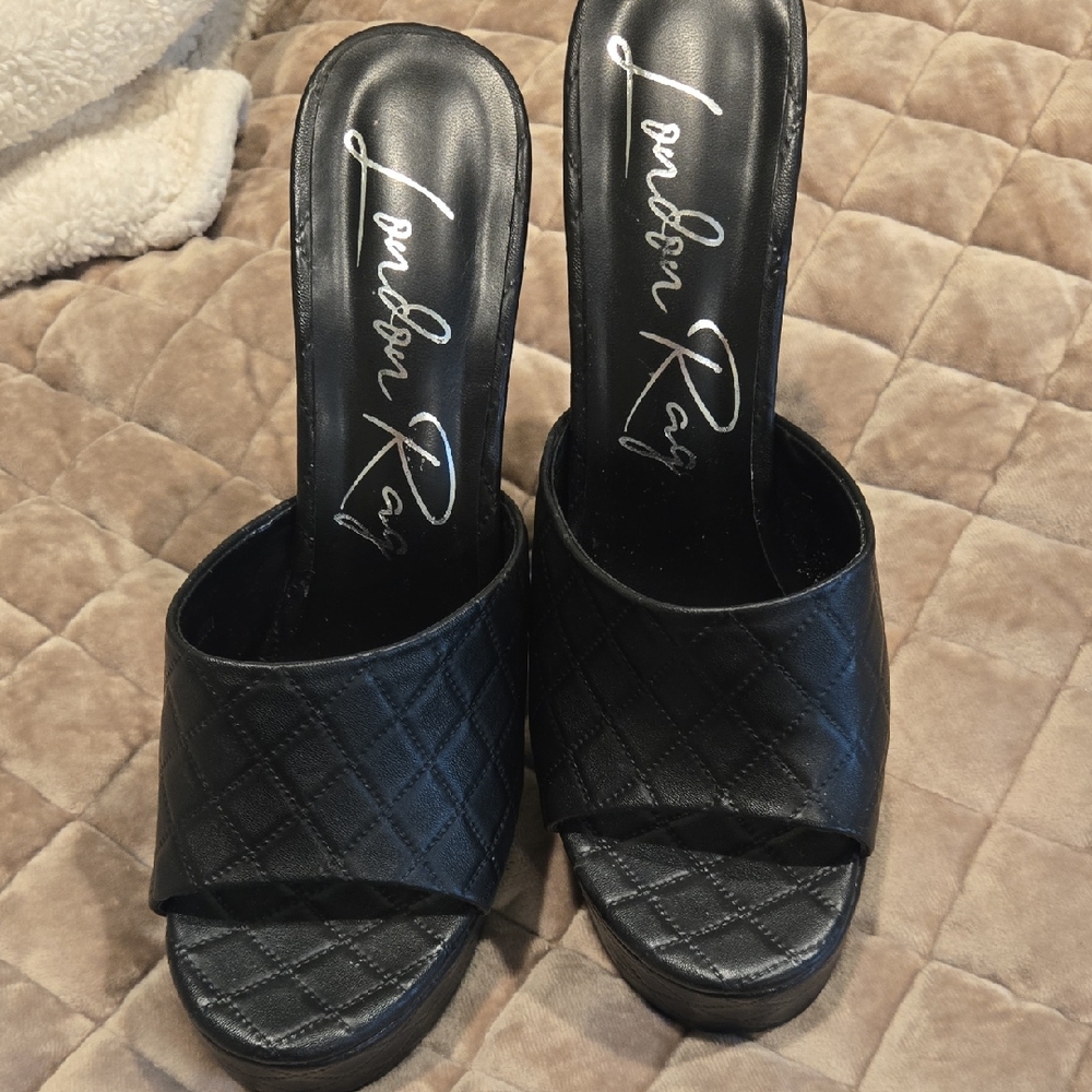 London RAG Black Quilted Women's PLATFORM mules